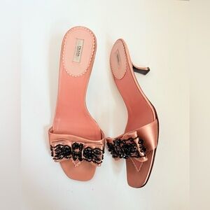 Prada Baby pink Satin embellished bowtie Retro kitten heel slide sandals EU 38.5